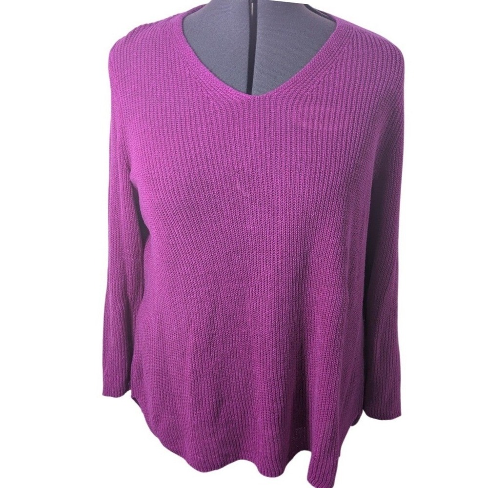 Eileen Fisher Linen Sweater Magenta Organic V-Neck Shaker Stitch Plus Size